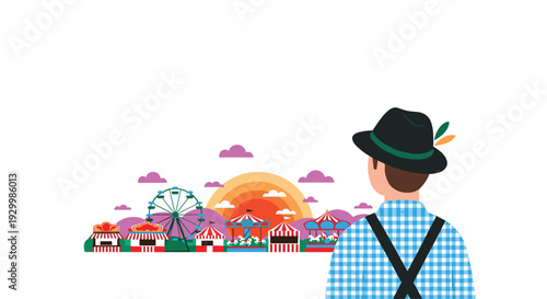 A man in a blue checkered shirt and Tyrolean hat viewed from behind looking at a colorful carnival with a Ferris wheel and carousels at sunset.