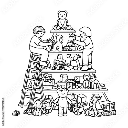 Children Building Toy Shelf with Blocks and Teddy Bears