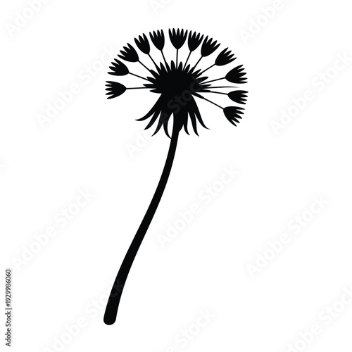 A simple black silhouette of a dandelion seed head on a stem