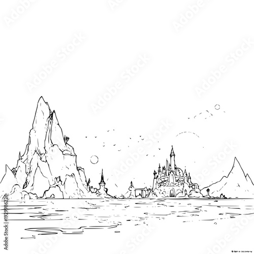 Fantasy Castle on Water with Mountains Landscape