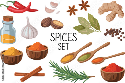 Colorful spices and herbs set vector illustration with chili peppers, ginger, garlic, cinnamon and aromatic seasoning bowls