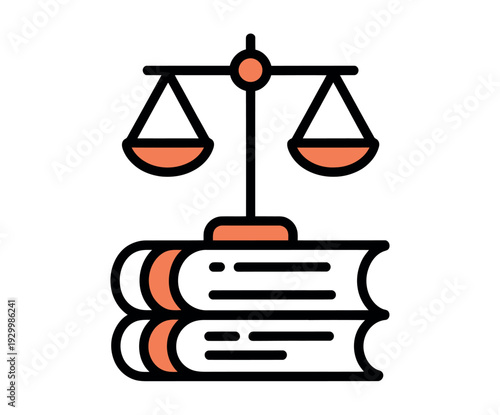 A graphic illustration of a scale of justice sitting on top of a stack of law books.
