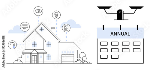 Smart home, IoT devices, automation, energy efficiency, annual maintenance, surveillance. House linked to smart devices and quadcopter over annual calendar. Smart home and automation concept