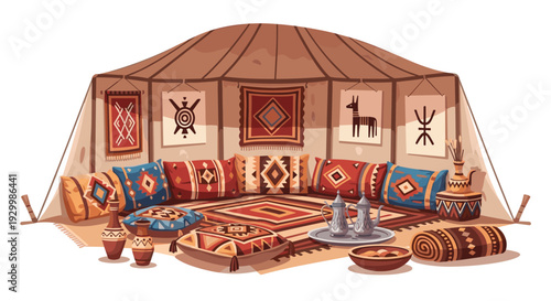 A traditional desert tent interior features colorful patterned rugs and pillows with silver coffee pots on a tray in the center.