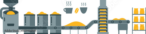 Industrial coffee processing and packaging line illustration with conveyor system, roasting equipment, and automated beverage production factory