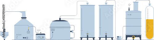 Industrial fermentation and distillation plant with stainless steel tanks, storage vessels and beverage processing equipment vector illustration