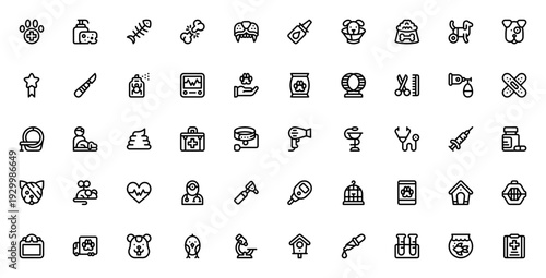 Veterinary icon set. Pet care and medical vector icons. Includes symbols for veterinarian, stethoscope, vaccine, paw, bone, pet carrier and more. Editable stroke.