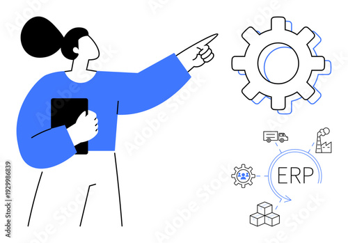 Business management systems, ERP software, logistics operations, industrial automation, team collaboration, supply chain. Woman pointing at a gear with ERP-related icons. Business management and ERP