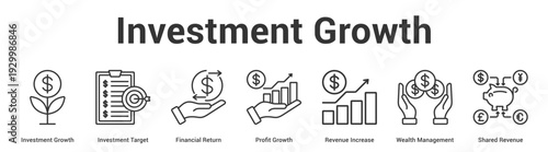 Investment Growth web banner icon set vector illustration concept for business with icon of Investment Growth, Investment Target, Financial Return, Profit Growth, Revenue Increase, Wealth Manageme.