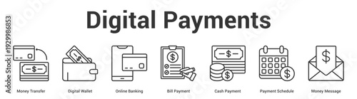 Digital Payments web banner icon set vector illustration concept for business with icon of Money Transfer, Digital Wallet, Online Banking, Bill Payment, Cash Payment, Payment Schedu.
