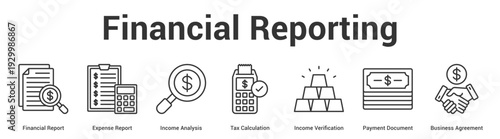 Financial Reporting web banner icon set vector illustration concept for business with icon of Financial Report, Expense Report, Income Analysis, Tax Calculation, Income Verification, Payment Docume.