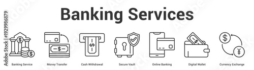 Banking Services web banner icon set vector illustration concept for business with icon of Banking Service, Money Transfer, Cash Withdrawal, Secure Vault, Online Banking, Digital Wall.