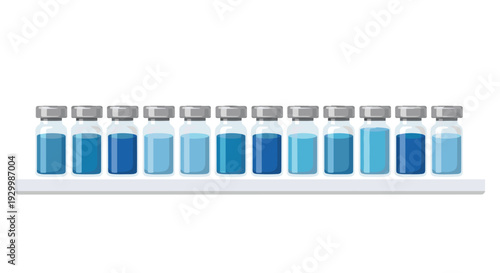 Twelve glass medicine vials with grey caps containing different shades of blue liquid stand in a single row on a thin grey shelf.