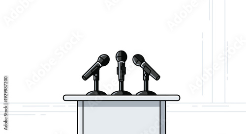 Three black microphones on stands are arranged on a light grey podium against a simple white background with minimal grey line details.