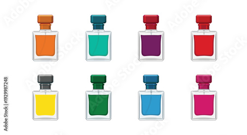 Eight square glass perfume bottles with matching colored caps and liquids are arranged in two horizontal rows against a plain white background.