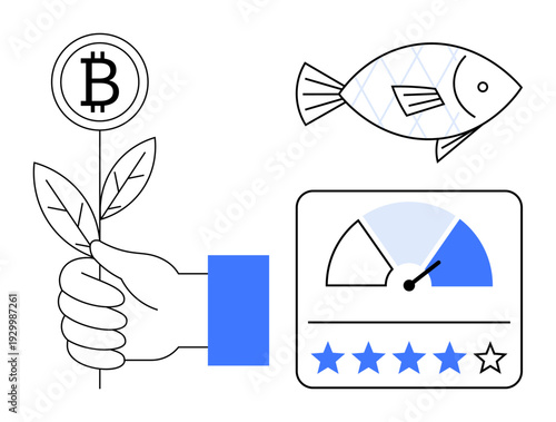 Bitcoin concept. Bitcoin linked with growth in sustainability and rating systems. Bitcoin expanding its impact across applications including eco-finance, risks, and digital trends