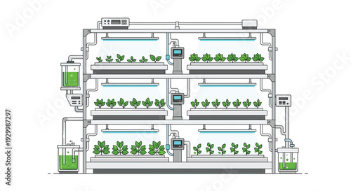 A three-tiered indoor hydroponic vertical farming system with green leafy plants grows under artificial blue lights on a white background.