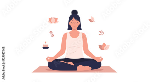 A woman with dark hair sits in a meditative lotus yoga position on a pink mat surrounded by floating floral elements and spiritual symbols.