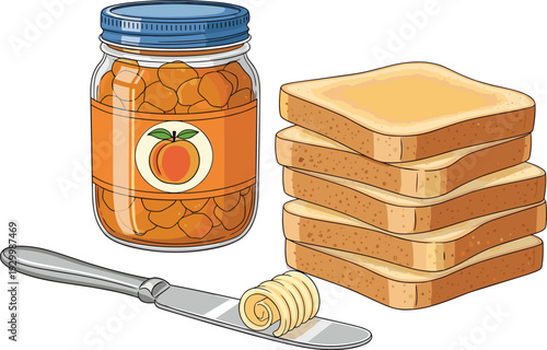Vector illustration of a breakfast set featuring a glass jar of peach jam sliced bread stack butter curl and a silver spreading knife.