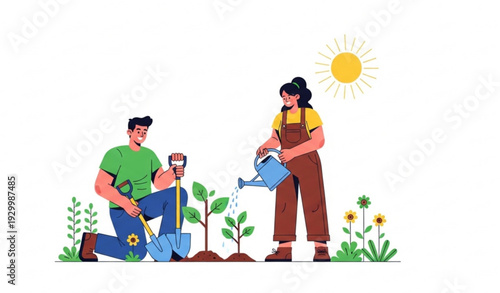 Eco friendship vector illustration with friends planting trees and promoting green living