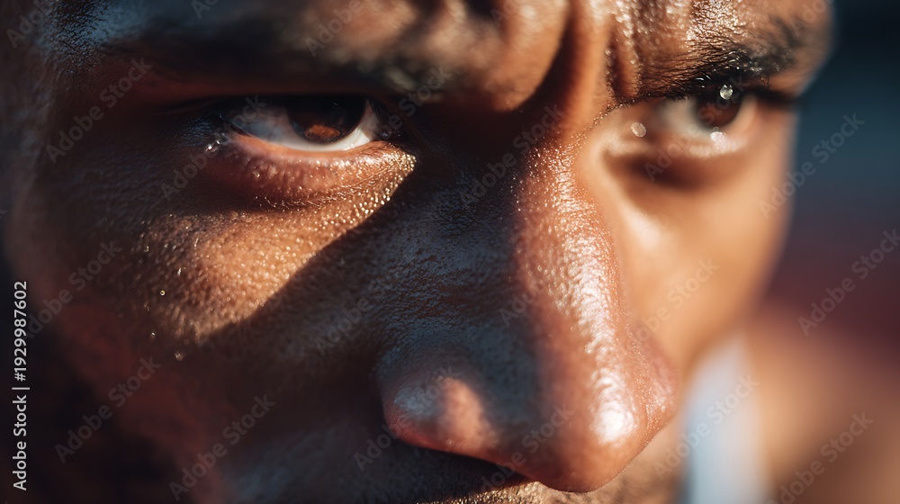 Naklejka premium Close-up of a mans face with intense gaze.