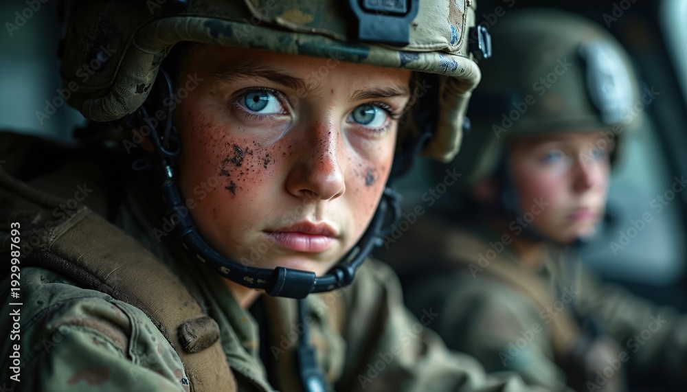 Obraz premium Young soldier gazes intensely, dirt smudges on face, wearing helmet inside aircraft. Another soldier blurred in background. Prepared for combat duty.