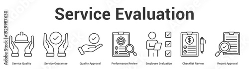 Service Evaluation web banner icon set vector illustration concept for business with icon of Service Quality, Service Guarantee, Quality Approval, Performance Review, Employee Evaluation, Checkl.