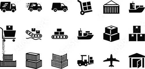 Black logistics icons, shipping, delivery truck, cargo ship, airplane, warehouse, forklift, supply chain, transport, storage, distribution, commerce, export