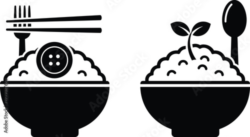Black Vector Icon Set Featuring Steaming Rice Bowls with Chopsticks Fork Spoon Organic Sprout and Sewing Button for Healthy Culinary Design