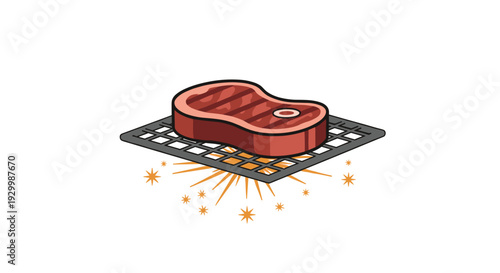 A thick grilled beef steak with a small bone rests on a square metal wire rack with orange light rays and stars emanating from below.