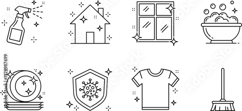 Cleaning icons, hygiene symbols, disinfectant spray illustration, clean home design, laundry graphics, dishwashing art, sanitation protection logo, sparkling cleanliness set