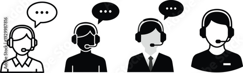Customer service icons, call center symbols, support representative illustration, communication headset design, business assistance graphics, professional help desk art