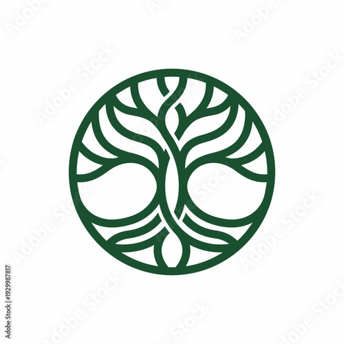 Green tree logo design element in circular frame.