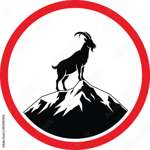 Mountain goat silhouette standing on a rocky peak inside a red circular frame, minimalist ibex logo design for adventure and wilderness branding.