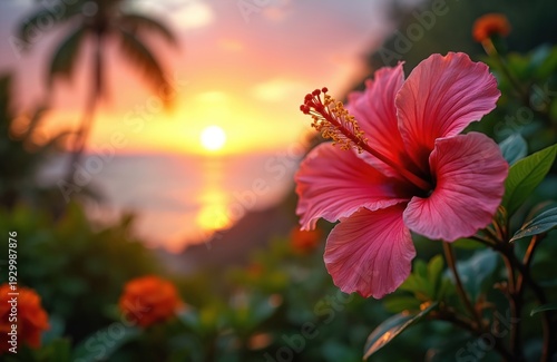 Pink hibiscus flower on tropical beach at sunset. Ocean water reflects orange sun rays. Palm trees silhouette coastal landscape. Lush green plants surround blossoms.