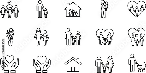 Family icons, parent child symbols, love care illustration, home protection design, relationship graphic set, parenting support art, togetherness unity