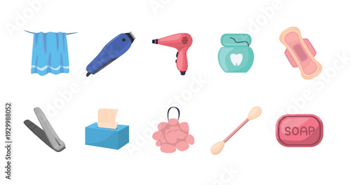 Hygiene icon vector set, set of personal hygiene and bathroom accessories, cleaning tools and household supplies set vector illustration