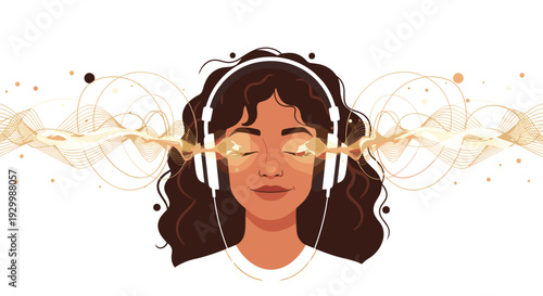 A woman with dark curly hair wears white headphones with her eyes closed as golden glowing sound waves and particles flow across her face.