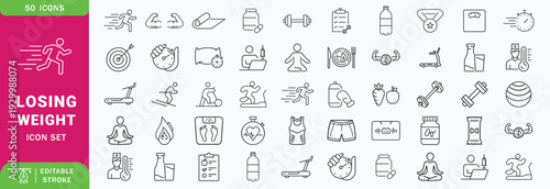 Weight loss icon set. Containing diet, manage weight, calories, healthy eating, cardio, fat burning, meal planning, body measurement and exercise icons. Solid icon collection. Vector illustration