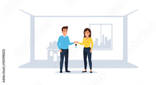 A man and a woman stand together in a minimalist room holding a set of keys in front of a house silhouette on a white background.