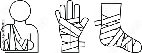 Set of Medical First Aid Icons Featuring Bandaged Arm Sling Injured Hand and Foot Wrap for Healthcare Injury Treatment and Insurance