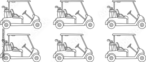 Set of Six Minimalist Golf Cart Vector Icons with Clubs and Bags for Country Club Leisure Sports Transportation and Outdoor Activity