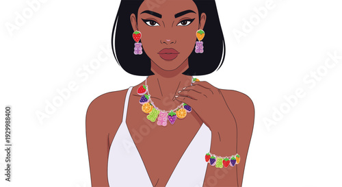 A woman with dark skin and black hair wears colorful fruit and gummy bear themed jewelry including a necklace and earrings.
