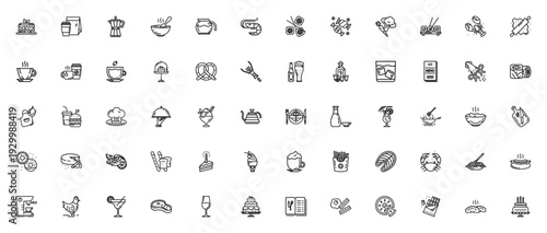 Food & Drinks icon set. Vector illustration pack with lasagna, sushi, coffee, cake, burger, chef, wine and more culinary symbols. Editable stroke.
