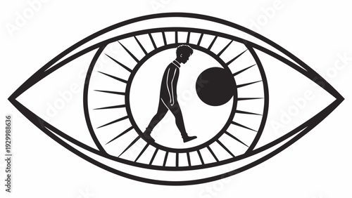 Stylized illustration of a human eye containing a silhouette of a person walking, symbolizing perception and self-reflection.
