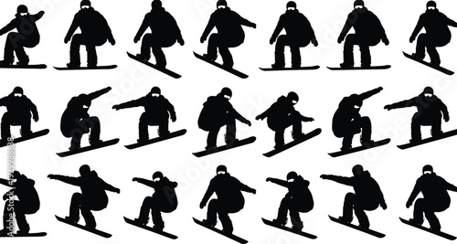 Dynamic snowboarder silhouette sequence showing jump trick progression, 20-frame motion grid illustration, sports biomechanics artwork for 