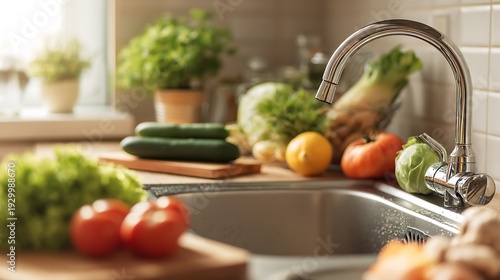 Kitchen Sink with Fresh Vegetables and Fruits.