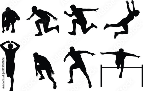 Athlete sprint and hurdle silhouettes set, dynamic track and field running jump poses, black vector illustration isolated on white background