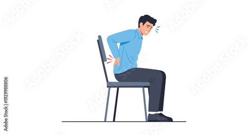 A flat vector illustration depicting a man sitting on a simple grey chair and clutching his lower back with a pained facial expression against a white background.