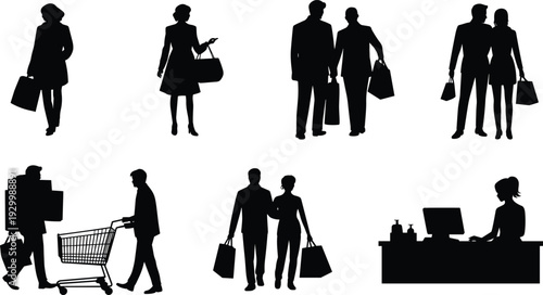 Business people and shoppers silhouettes vector illustration, retail customers, shopping bags, cashier desk, supermarket cart, isolated black figures set